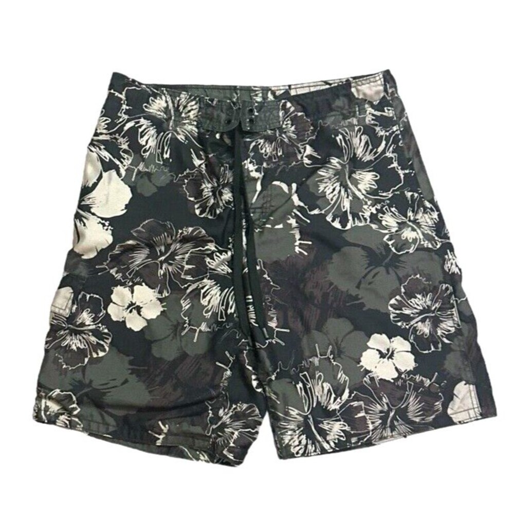 OP board shorts trunks M Ocean Pacific Hawaiian green floral beach surf skater